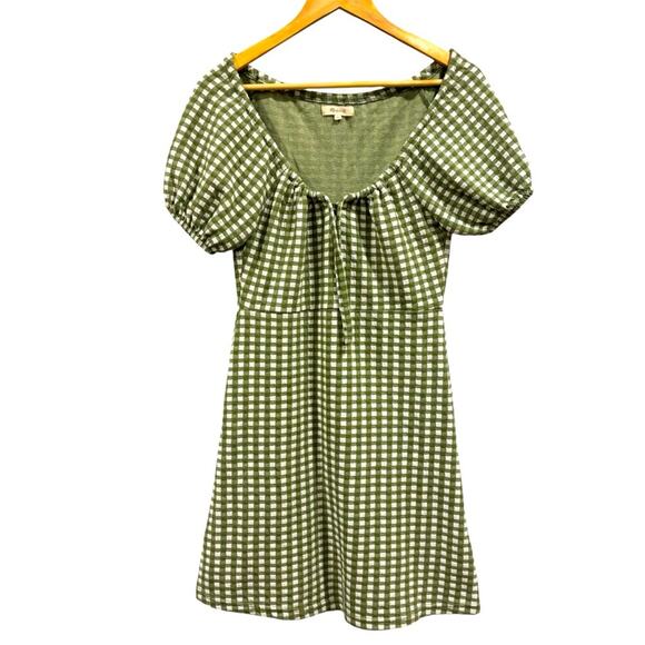 MADEWELL Jacquard Puff-Sleeve Dress in Gingham, Green and white, size XS - Picture 3 of 10